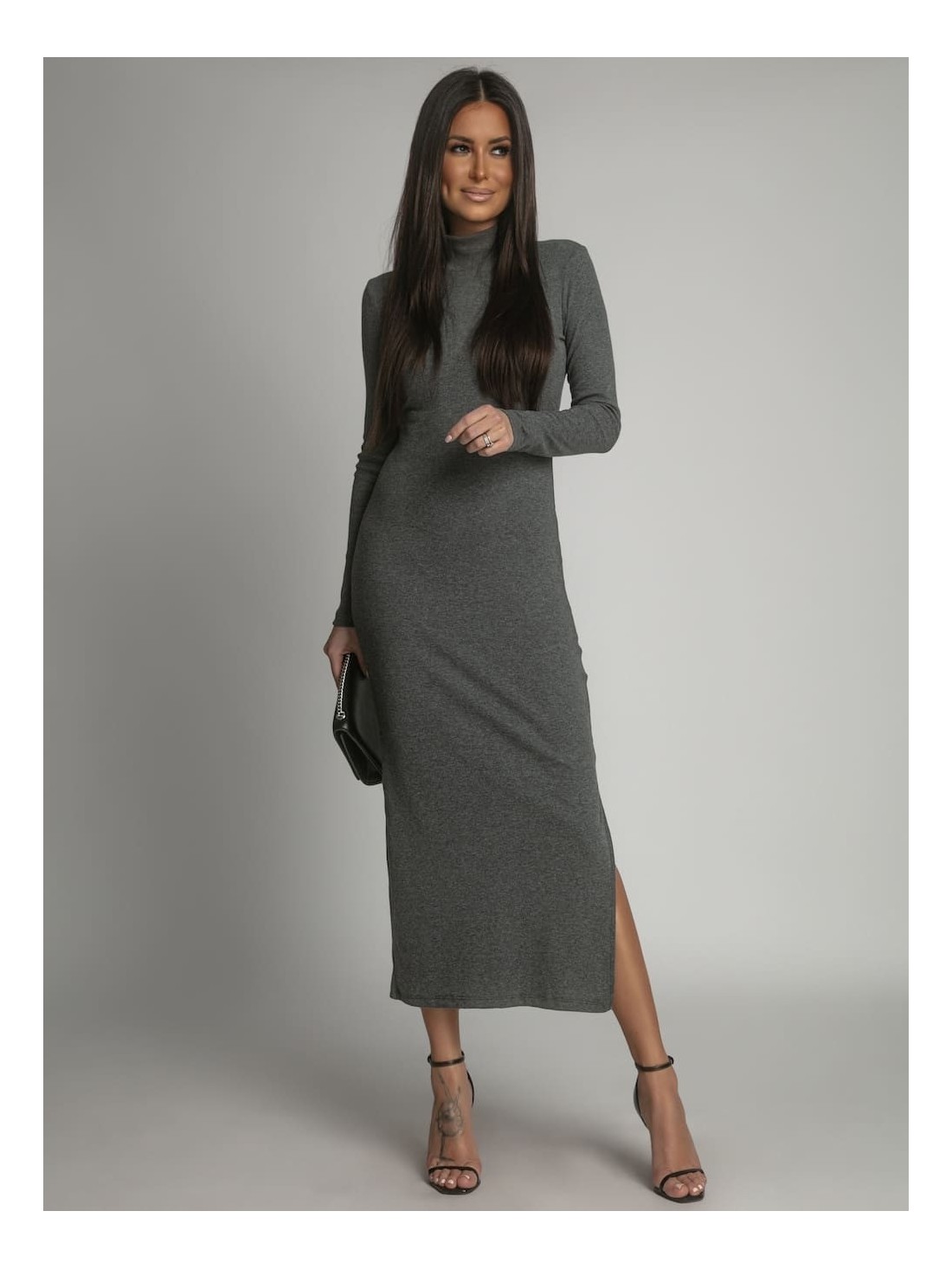 Cotton fitted maxi dress with a turtleneck, graphite FG680